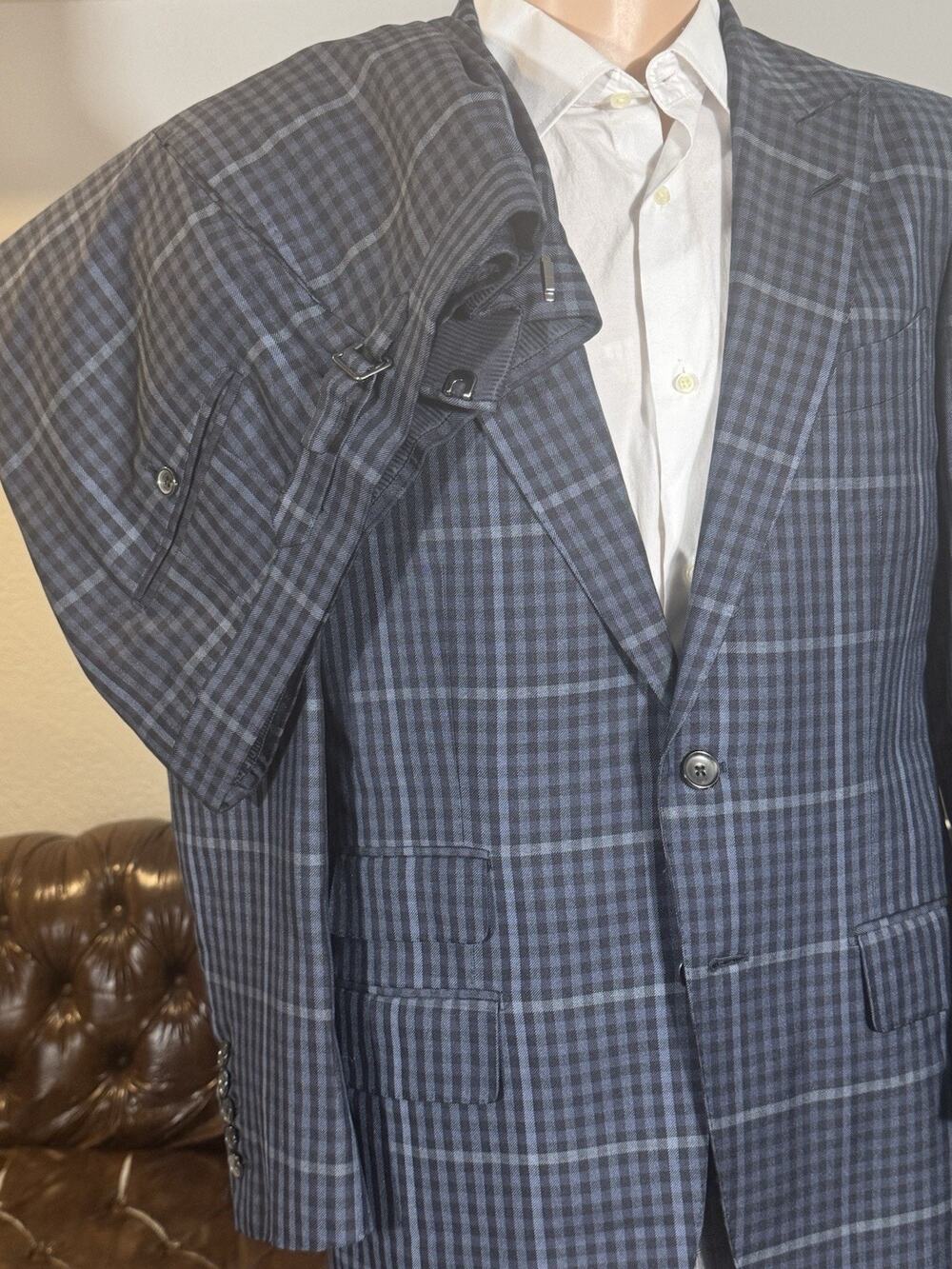 Tom Ford Blue Plaid Peak Lapel Suit Silk 48 38R US O'Connor 34x27 Trousers